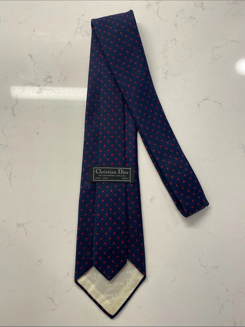 Vintage Christian Dior Navy with Red Dots Polyester/Silk Tie w/Dior Logo Tip ✨
